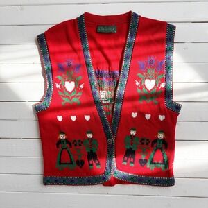 Cullinane vtg Bavarian floral red hand knit‎ sweater vest